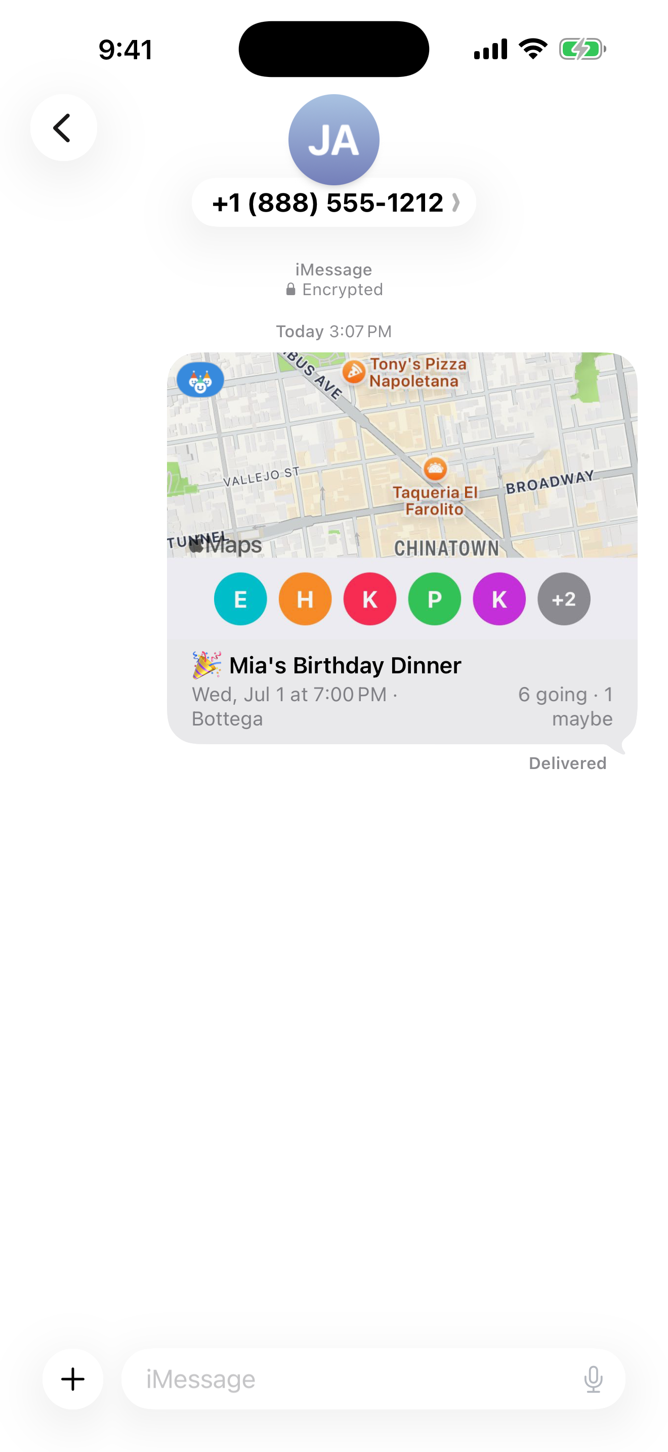 A BloomPrint event bubble inside an iMessage conversation